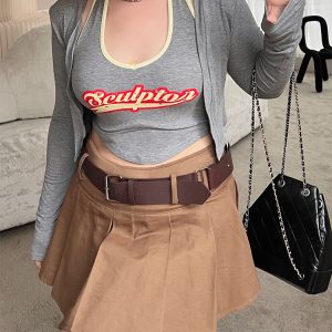 Plus Size Retro Coffee Color Pleated A-Line Mini Skirt - American Style College Fashion, Solid Color, Slim Fit