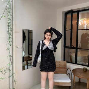 Plus Size Sweetheart Plaid Splicing Floral Cardigan and Vest Dress Set - Sweet and Spicy Style for 90s and Y2K Fashion