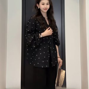 Plus-Size V-Neck Black Polka Dot Lantern Sleeve Shirt for Women - Stylish Spring Summer Top, Flattering Fit