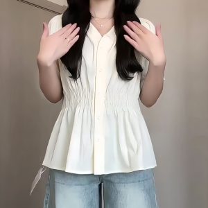 Plus-Size V-Neck Short-Sleeve Summer Top - Flattering Waist-Cinching Design for Curvy Figures, Versatile and Stylish for Any Occasion