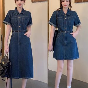 Plus-Size Vintage Denim Dress for Women, Summer A-Line Skirt, Flattering Fit, Chic Hong Kong Style, Perfect for Curvy Figures
