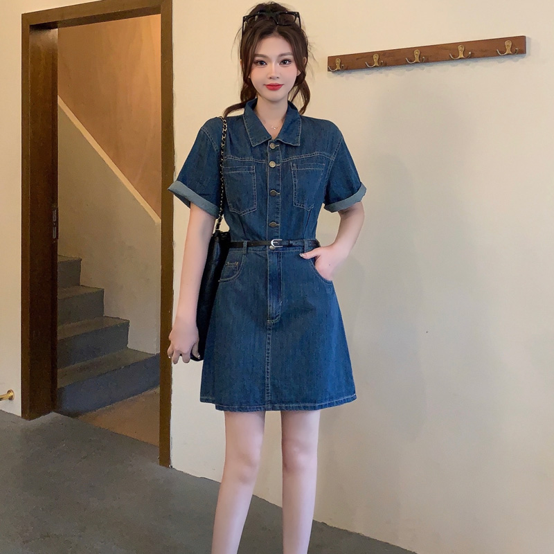 Plus-Size Vintage Denim Dress for Women, Summer A-Line Skirt, Flattering Fit, Chic Hong Kong Style, Perfect for Curvy Figures