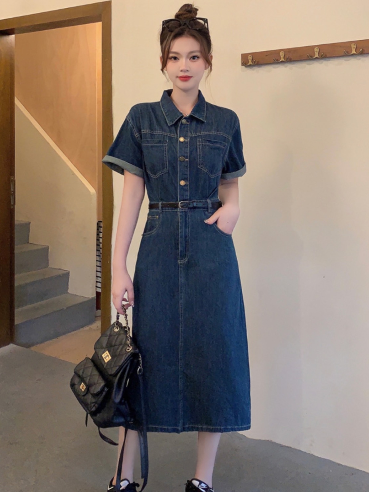 Plus-Size Vintage Denim Dress for Women, Summer A-Line Skirt, Flattering Fit, Chic Hong Kong Style, Perfect for Curvy Figures