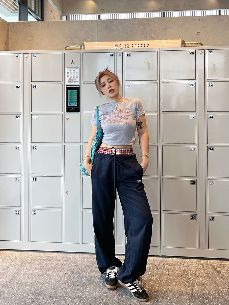 Plus Size Vintage Plaid Fake Two-Piece Casual Wide-Leg Long Pants for Women - Loose Straight-Leg Sports Trousers