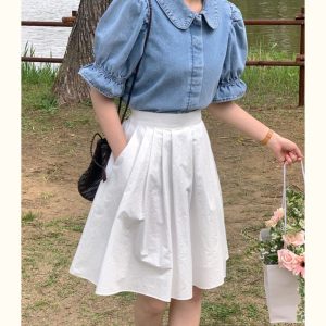 Plus-Size White High-Waisted A-Line Half Skirt for Pear-Shaped Women, Summer Mid-Length Style for Curvy Figures and Thick Thighs