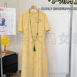 Plus-Size Women's Chinese Style Qipao Dress, Dark Pattern Tulle, Summer Button Design, Elegant National Wind Temperament