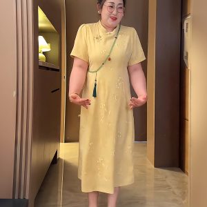 Plus-Size Women's Chinese Style Qipao Dress, Dark Pattern Tulle, Summer Button Design, Elegant National Wind Temperament
