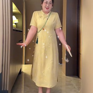 Plus-Size Women's Chinese Style Qipao Dress, Dark Pattern Tulle, Summer Button Design, Elegant National Wind Temperament