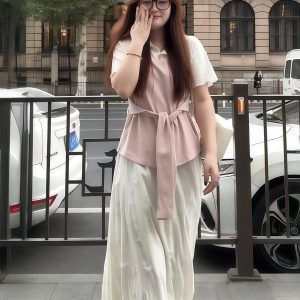 Plus-Size Women's Faux Two-Piece Spliced Top and Flower Bud Skirt Set - Elegant Slim-Fit Summer Fashion