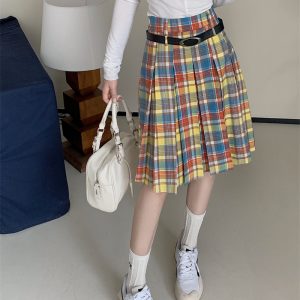 Plus Size Women's High-Waisted A-Line Colorful Plaid Pleated Skirt - Retro Checkered Mid-Length Style
