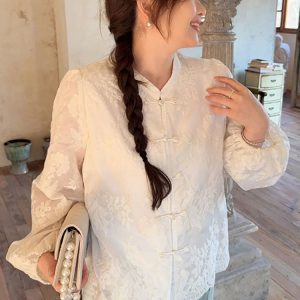 Plus Size Women's Long Sleeve Button-Up Shirt, High-End Embroidered Chinese Style, Flattering Curvy Fit, Elegant Temperament Top