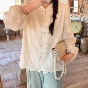 Plus Size Women's Long Sleeve Button-Up Shirt, High-End Embroidered Chinese Style, Flattering Curvy Fit, Elegant Temperament Top