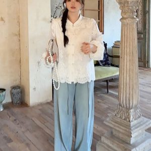 Plus Size Women's Long Sleeve Button-Up Shirt, High-End Embroidered Chinese Style, Flattering Curvy Fit, Elegant Temperament Top