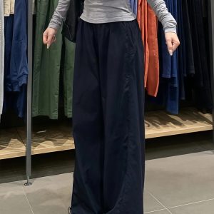 Plus Size Women's Navy Blue Quick-Dry Wide-Leg High-Waisted Cargo Pants - Loose Fit Summer Style