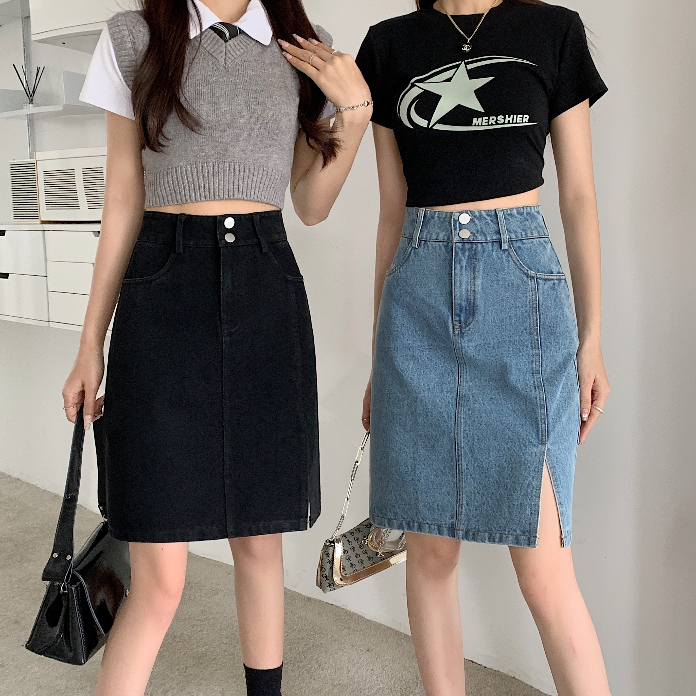 Plus Size Women's Summer Mid-Length High-Waisted A-Line Denim Skirt with Slimming Split - Korean Style Bodycon Fashion