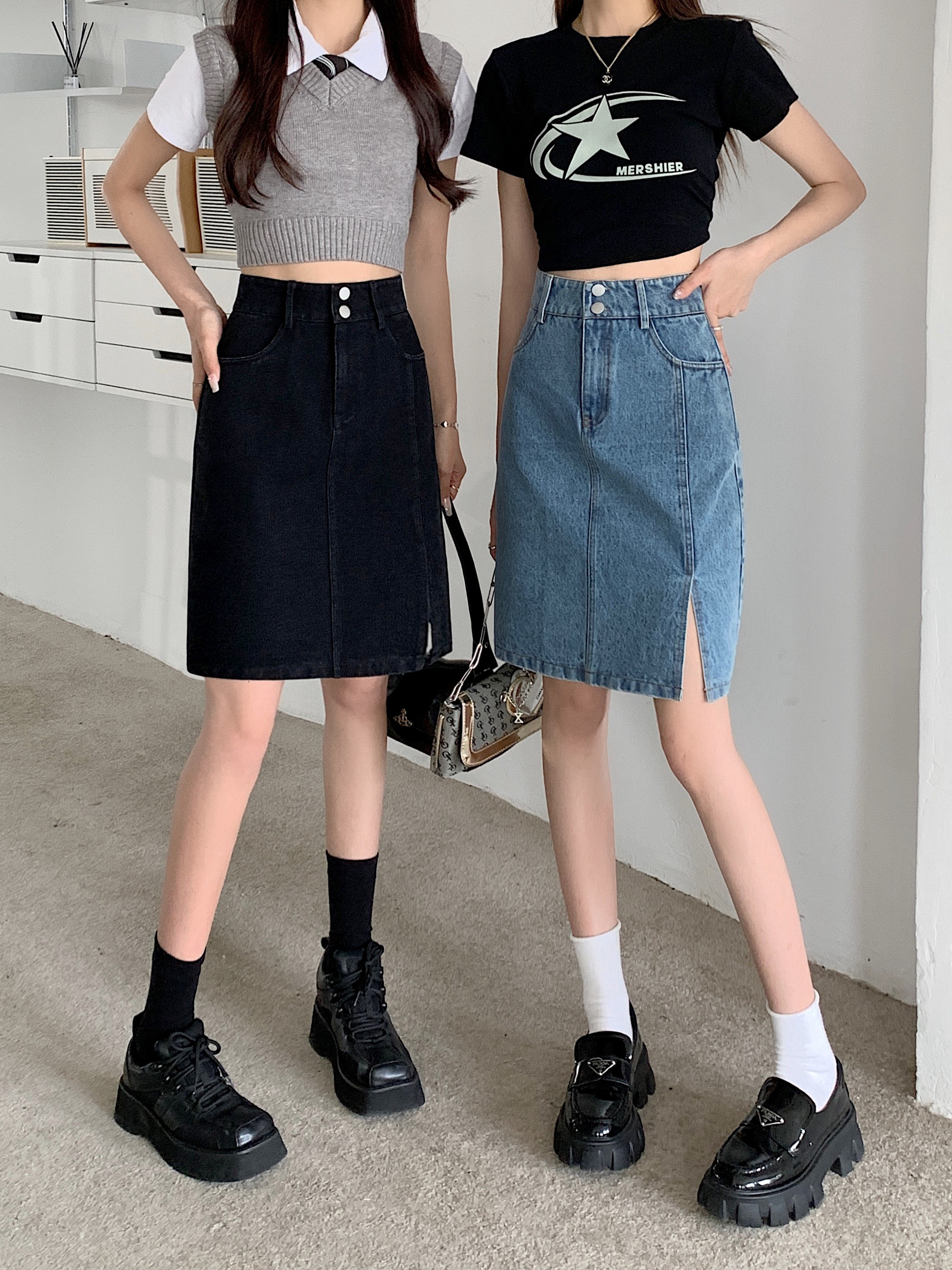 Plus Size Women's Summer Mid-Length High-Waisted A-Line Denim Skirt with Slimming Split - Korean Style Bodycon Fashion