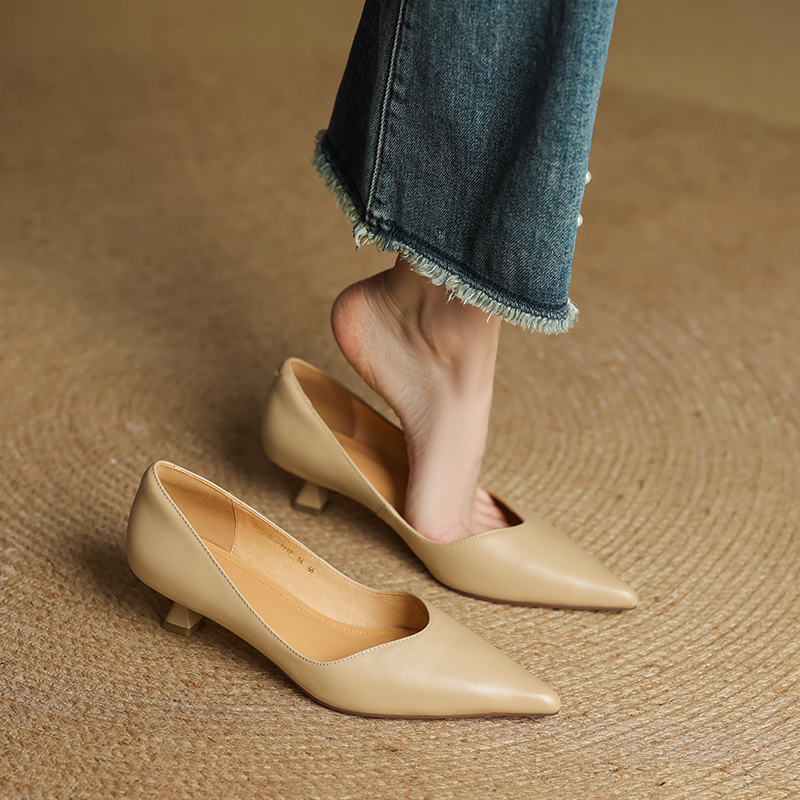 Pointed Toe Apricot Women's High Heels - Elegant Thin Heels for Spring 2025, Versatile Commuter Style, Genuine Leather