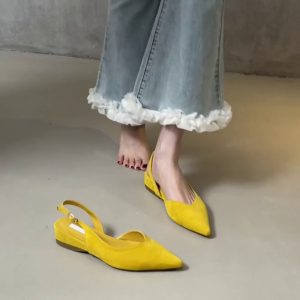 Pointed Toe Sheepskin Wedge Heeled Sandals for Women, French Minimalist Back Strap Evening Shoes, Chic Commuting Flats