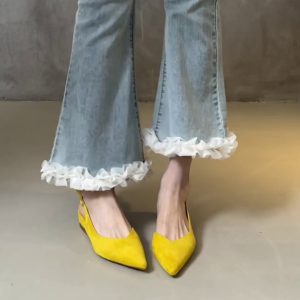 Pointed Toe Sheepskin Wedge Heeled Sandals for Women, French Minimalist Back Strap Evening Shoes, Chic Commuting Flats