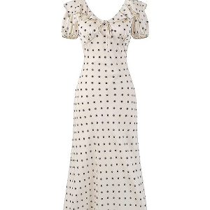 Polka Dot Print Ruffled V-Neck Puff Sleeve Dress for Women - Slimming Waist-Defining Long Dress, Perfect for 90s and Y2K Style
