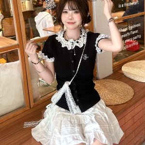 Polka Dot Spliced Black Knitted Short Sleeve Women's Summer Top - Fitted Slim College Style