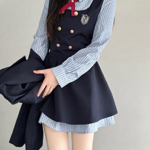 Pudding Bear JK Uniform Fake Two-Piece Shirt Dress - Waist-Cinching, Slimming Effect, College Style, Cute Short Set
