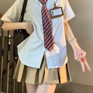 Pudding Bear Striped Long Sleeve JK Shirt Set for Women - Four-Piece Loose Short Sleeve Outfit, Cute Y2K Style