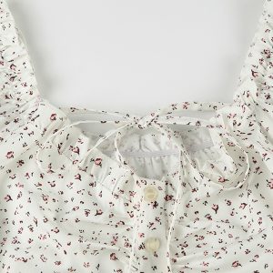 Puff Sleeve Lace-Trimmed Floral Shirt for Women - Cinched Waist Short Sleeve French Cardigan Style - Countryside Town Design