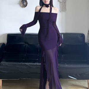 Purple Charm Off-Shoulder Sheer Long Dress with Bell Sleeves - Elegant Split Design for Women, Perfect for Special Occasions