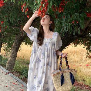 Purple Dream Butterfly Tie-Dye Tassel Short Sleeve Dress for Women - Summer Loose Fit Puff Sleeve Square Neck Fashion Dress