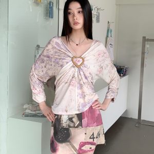 Purple Floral Patchwork V-Neck Knitted Short-Sleeve T-Shirt - Elastic Loose Fit Summer Top for Y2K and 90s Style