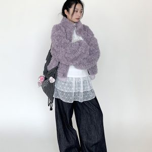 Purple Fluffy Long Lamb Wool Coat for Autumn & Winter, Loose Versatile Short Stand-Up Collar Outerwear
