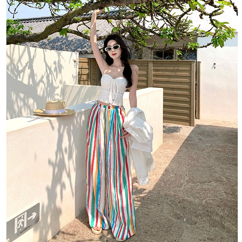 Rainbow Striped Wide-Leg Pants for Beach Vacation – Floor-Length Linen Pants with Sun Protection Cardigan in Lazy Style