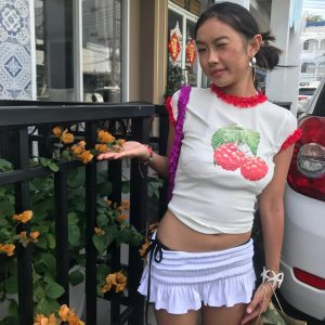 Raspberry Print Red Lace Trim Short Sleeve Top - Slim Fit Pure Cotton Women's Korean Style Fashion