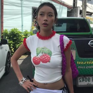 Raspberry Print Red Lace Trim Short Sleeve Top - Slim Fit Pure Cotton Women's Korean Style Fashion