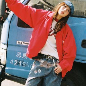 Red American Retro Letter Print Work Jacket for Women - Loose Fit Versatile Spring Jacket in Casual Style