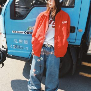 Red American Retro Letter Print Work Jacket for Women - Loose Fit Versatile Spring Jacket in Casual Style