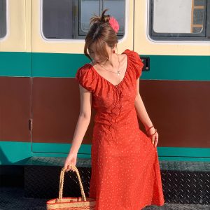 Red Floral Dress for Women, Loose Puff Sleeve Long Dress with French V-neck, Summer Flowers Design, Vintage Style, Perfect for Summer Outings