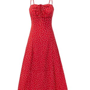 Red Floral Spaghetti Strap Dress for Women - 2025 Summer Ruffled Beach Vacation Dress in 90s Style