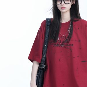 Red Ink Splash Design Short-Sleeve T-Shirt for Women - Trendy Summer Heavyweight Loose Fit, Casual Style