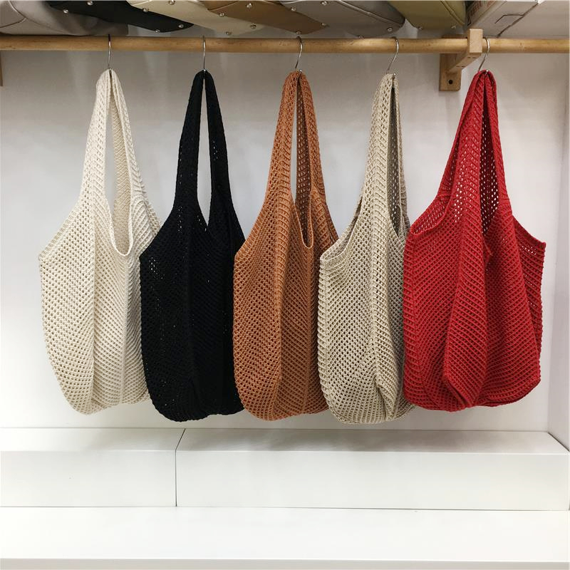 Red Large Hollow Woven Shoulder Bag - Casual Lazy Style, Handmade Korean Version 2025