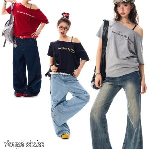 Red Off-Shoulder Short Sleeve T-Shirt for Women - Casual Spicy Girl Top, Versatile Summer 2025 Fashion, Y2K Style