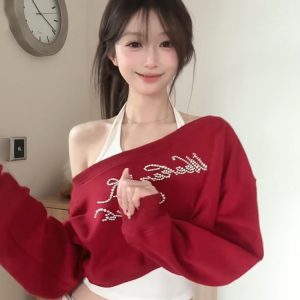 Red Off-Shoulder Sweatshirt Set for Women, Rhinestone Letter Detail, Long Sleeve, Loose Fit, Spring Fashion, Trendy Two-Piece Outfit