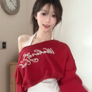 Red Off-Shoulder Sweatshirt Set for Women, Rhinestone Letter Detail, Long Sleeve, Loose Fit, Spring Fashion, Trendy Two-Piece Outfit