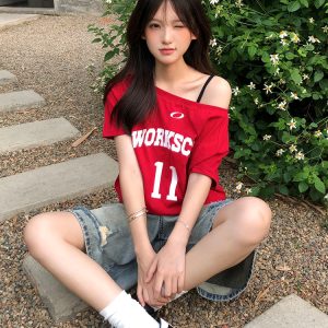 Red One-Shoulder Short Sleeve Women's Summer Letter Print Casual Off-Shoulder T-Shirt - Sexy Loose Slimming Top for Y2K Style