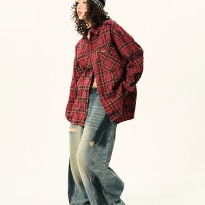 Red Plaid Loose Long Sleeve Shirt for Women - American Vintage Style for Early Autumn, 90s Inspired Fashion
