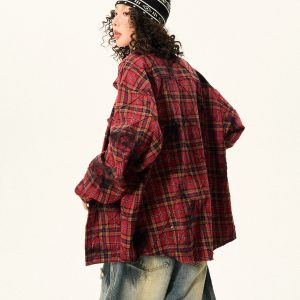 Red Plaid Loose Long Sleeve Shirt for Women - American Vintage Style for Early Autumn, 90s Inspired Fashion