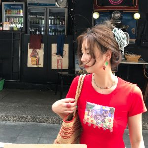 Red Printed Short Sleeve T-Shirt for Women - Vintage Summer Slim Fit Round Neck Top - Y2K Fashion Style