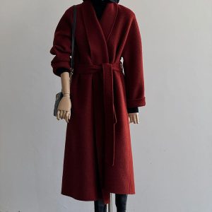 Red Reversible Cashmere Coat for Women - Autumn Winter 2024 Petite High-End Woolen Bathrobe Style Outerwear