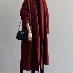 Red Reversible Cashmere Coat for Women - Autumn Winter 2024 Petite High-End Woolen Bathrobe Style Outerwear